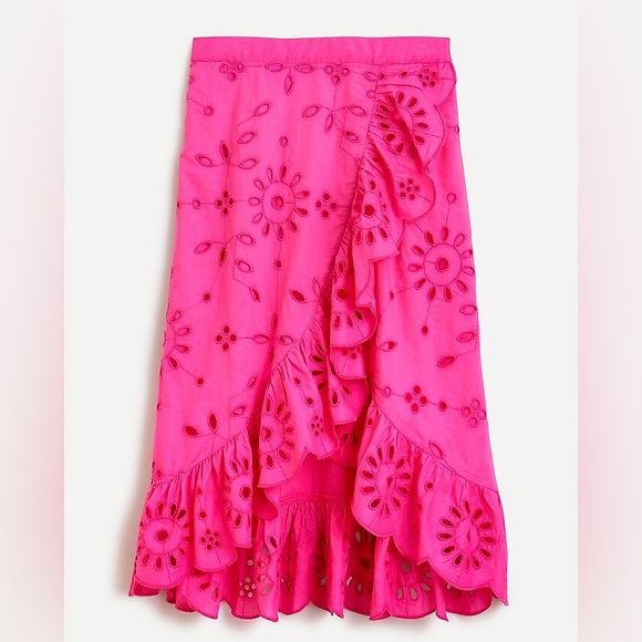 J. Crew Dresses & Skirts - J.Crew NWT Women's Pink Embroidered Eyelet Ruffle Front Pull On Midi Skirt Med